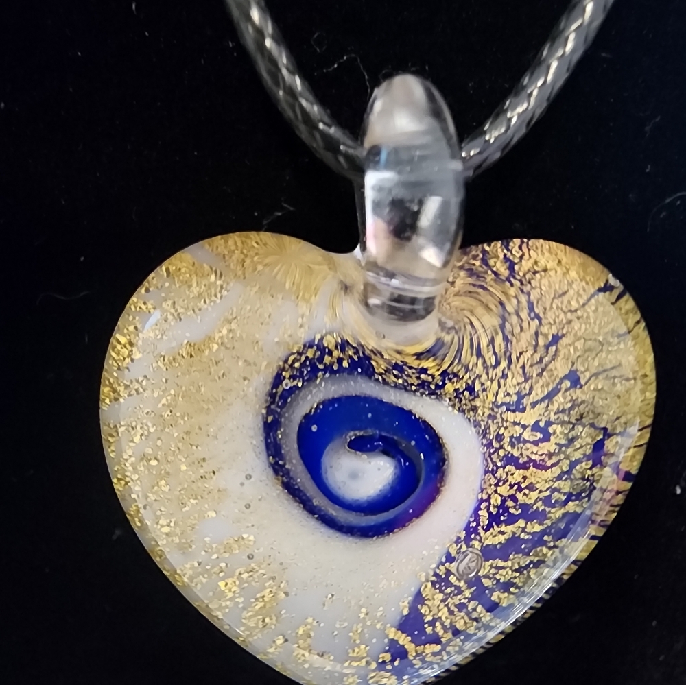 Heart-shaped, glass pendant adjustable nylon cord, reversible, golds, blue,white